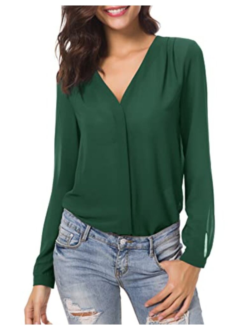 Women's V Neck Ruffle Chiffon Blouse Long Sleeve Button Down
